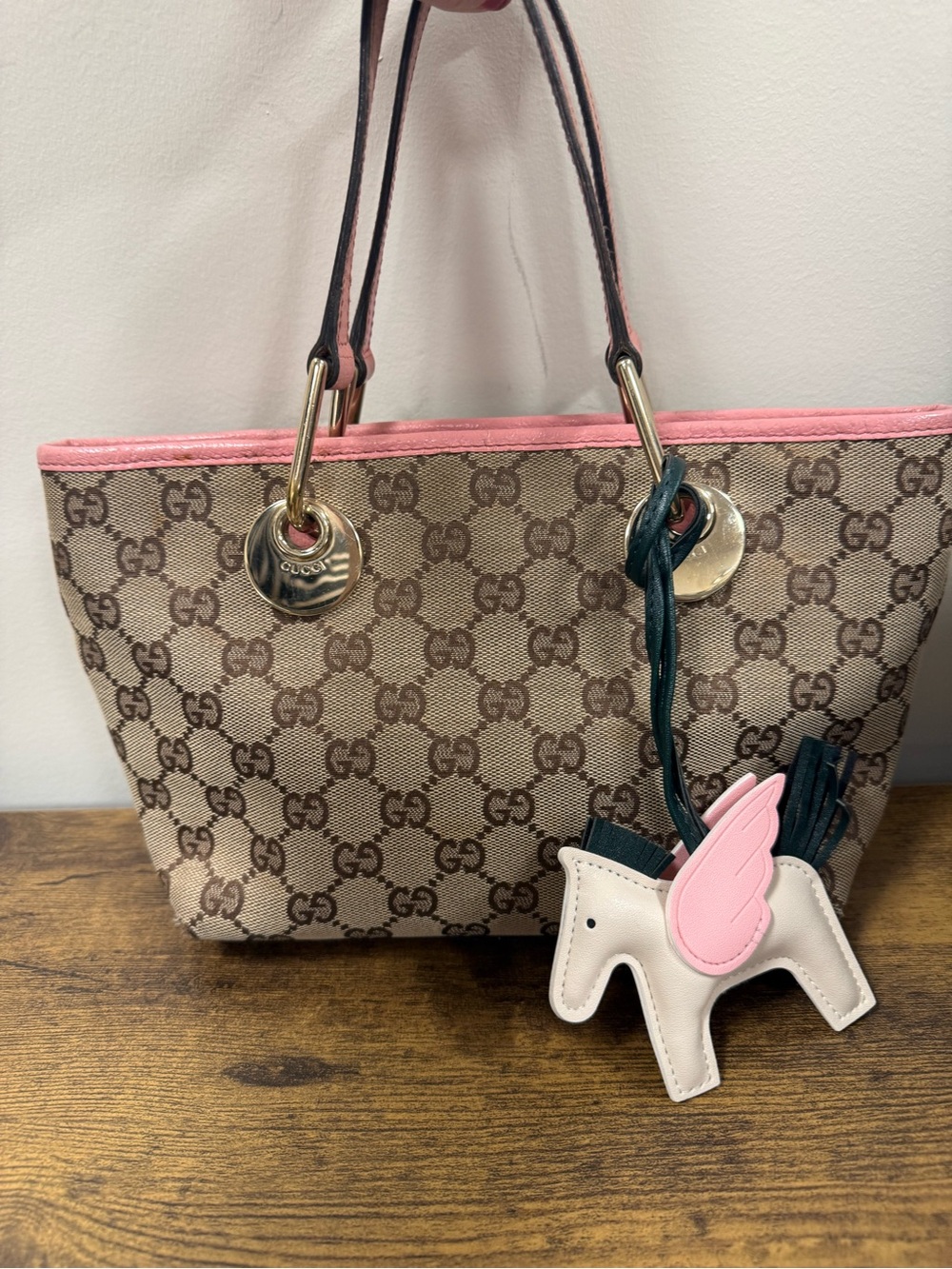 Gucci Monogram Ellipse mini Tote with Pink Trim, Horse Charm, Dusty & COA